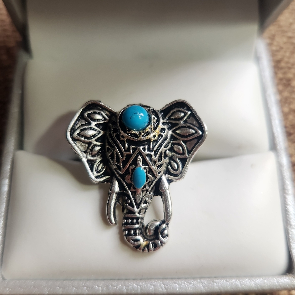 Tusked Elephant Ring with Turquoise Stones